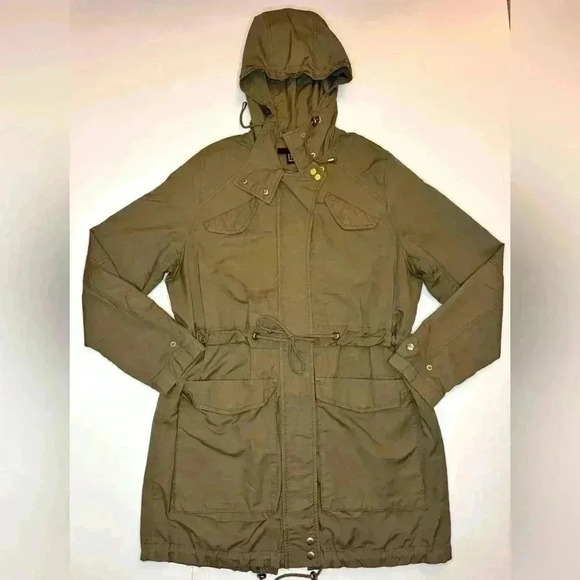 H&M Womens  Jacket Hooded Full Zip Tie Waist Adjustable Army Green Size- Medium - Picture 7 of 12